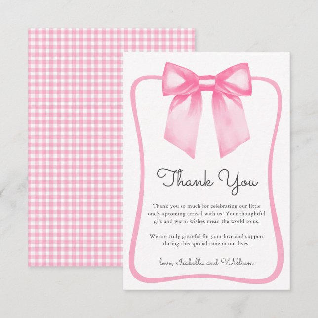 Cartão De Agradecimento Cute Pink Bow Baby Shower Thank You Card (Frente/Verso)