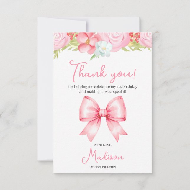 Cartão De Agradecimento Cute Pink Bow Girl First Birthday Thank You Card (Frente)