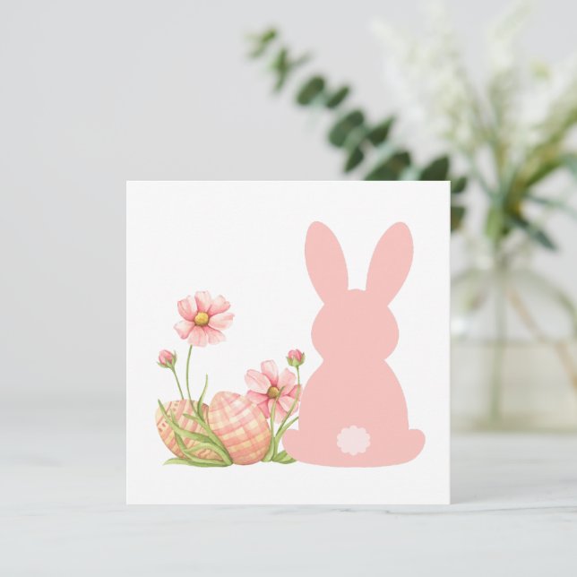 Cartão De Agradecimento Cute Pink Easter Bunny with Spring Flowers  (Em pé/Frente)