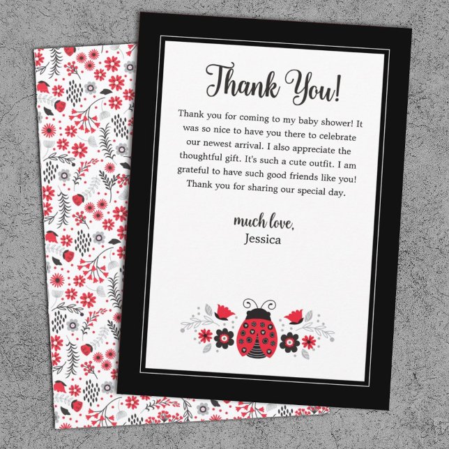 Cartão De Agradecimento Cute Red Ladybug (A cute ladybug baby shower thank you card featuring a ladybug, and flowers.)