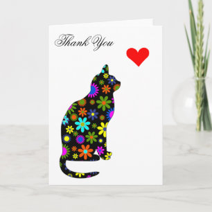 Cartão De Agradecimento Cute Retro Girly Thank-You Floral Cat Feline Heart