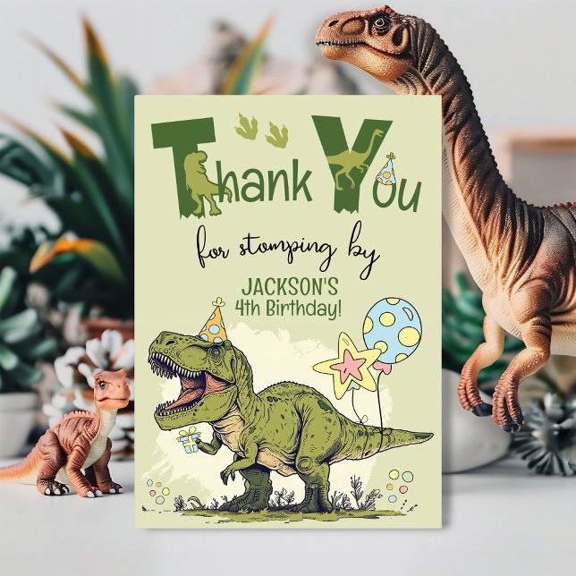 Cartão De Agradecimento Cute TRex Dinosaur Four-Rex Boy 4th Birthday Party (Funny custom name Four-Rex Dinosaur Jurassic green Dino 4th birthday party thank you for stomping by)
