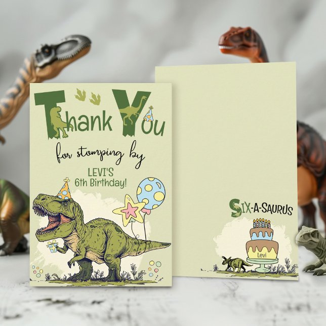 Cartão De Agradecimento Cute TRex Dinosaur Six-A-Saurus 6th Birthday Party (Cute 6-Rex T-Rex Dinosaur Six-A-Saurus sixth Jurassic Dino 6th boy birthday party thank you stomping)