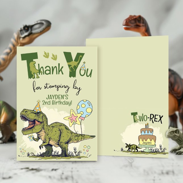 Cartão De Agradecimento Cute TRex Dinosaur Two-Rex Boy 2nd Birthday Party (Cute Two-Rex T-Rex Dinosaur second Jurassic Dino 2nd boy birthday party thank you stomping by invite)