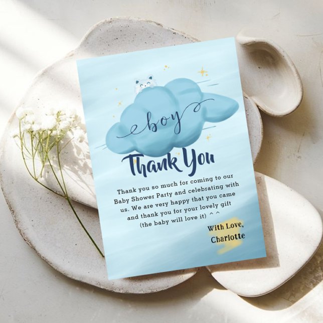 Cartão De Agradecimento Cute Watercolor Cloud Baby Boy Shower (Criador carregado)