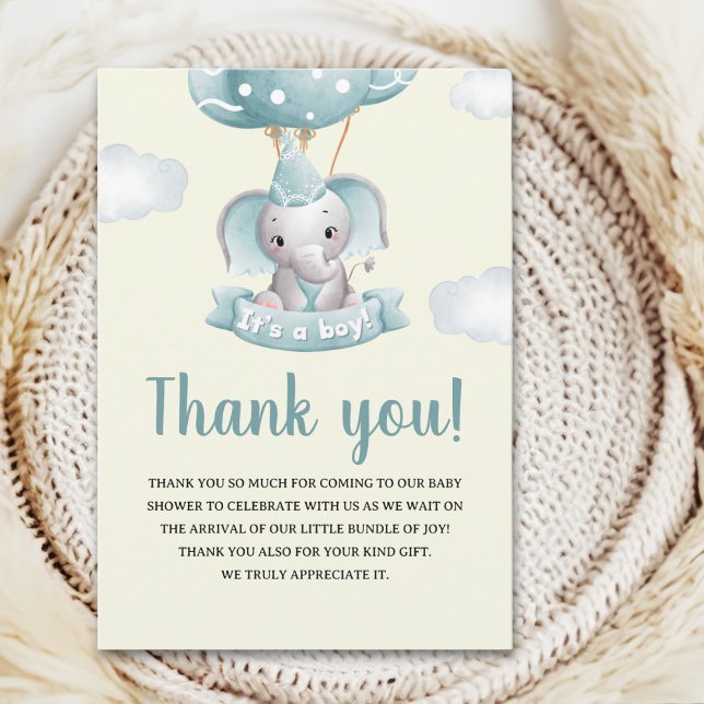 Cartão De Agradecimento Cute Watercolor Elephant Baby shower Boy (Criador carregado)