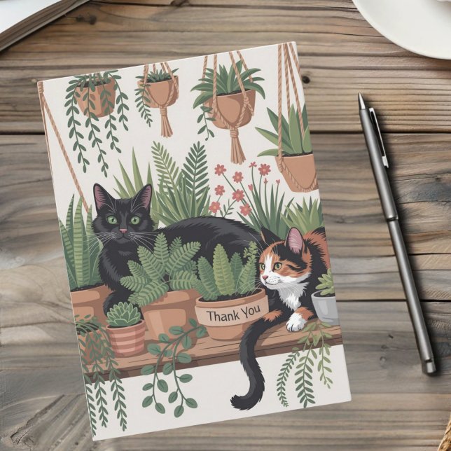 Cartão De Agradecimento Cute Watercolor Script Botanical Cat (Criador carregado)