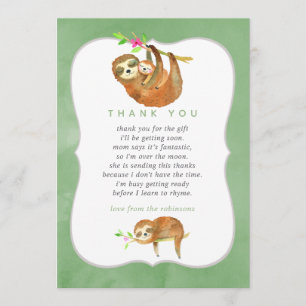 Cartão De Agradecimento Cute Watercolor Sloth tema de Baby Shower Obrigado
