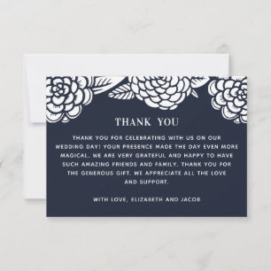 Cartão De Agradecimento Dahlias brancas. Casamento floral azul-marinho mod