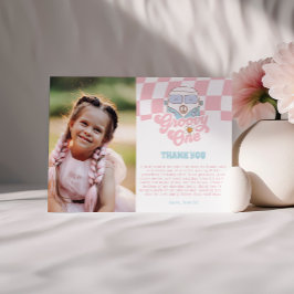 Cartão De Agradecimento Daisy & Retro Van Pink Groovy Um primeiro aniversa