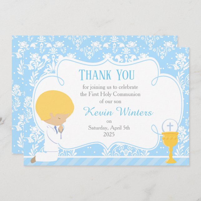 Cartão De Agradecimento Damasco da Primeira Comunhão Loura (Frente/Verso)