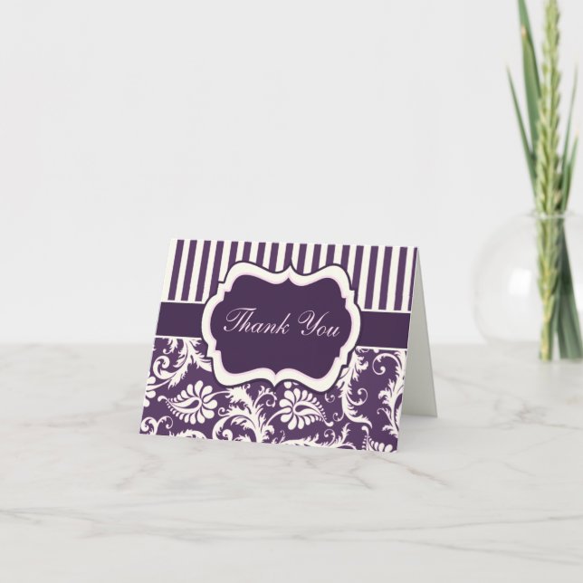 Cartão de Agradecimento Damask com Listras Roxo, C (Frente)