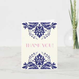Cartão De Agradecimento Damask marinho azul, casamento rosa Obrigado