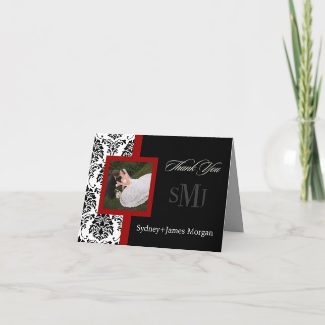 Cartão De Agradecimento Damask Obrigado Cartões, fotos de casamento+monogr (Frente)