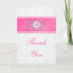 Cartão de Agradecimento Damask Rosa, Branco e Cinz