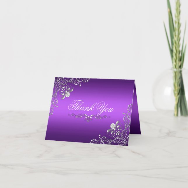 Cartão de Agradecimento Damasko Roxo e Prata (Frente)