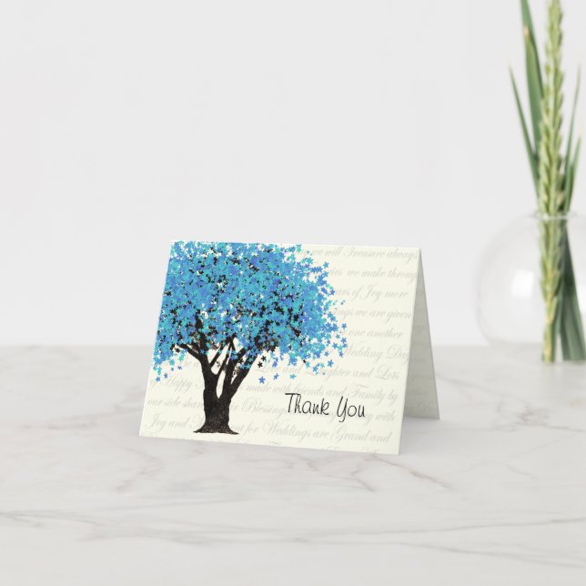 Cartão De Agradecimento Dançando Floresce Árvore Azul Obrigado (Frente)