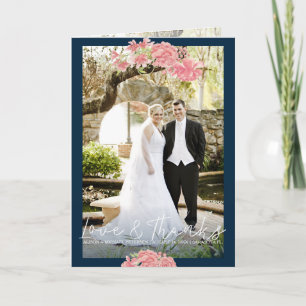 Cartão De Agradecimento Dark blue pink peonies wedding photo thank you