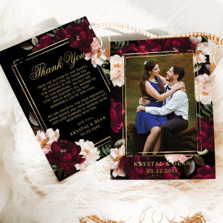 Cartão De Agradecimento Dark Burgundy Blush Black Floral Wedding Photo