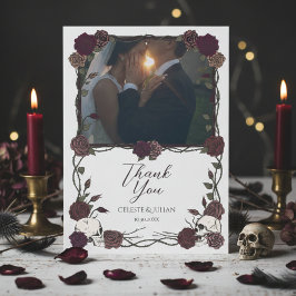 Cartão De Agradecimento Dark Floral Skull Photo Wedding Thank You Card