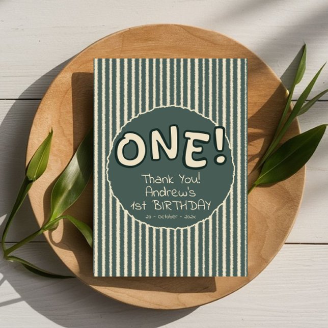 Cartão De Agradecimento Dark Green Stripes 1st Birthday (Criador carregado)