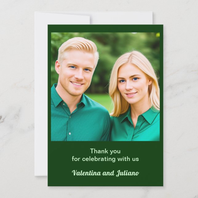 Cartão De Agradecimento Dark Green With Photo Wedding Thank You Card (Frente)