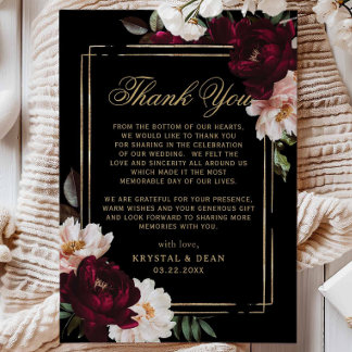 Cartão De Agradecimento Dark Moody Burgundy Blush Black Floral Wedding