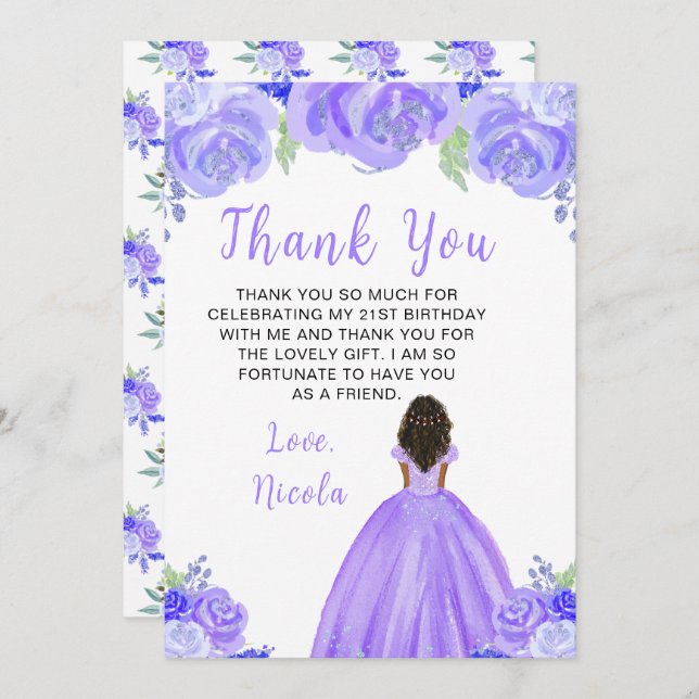 Cartão De Agradecimento Dark Skin Princess Purple Floral Birthday Party (Frente/Verso)