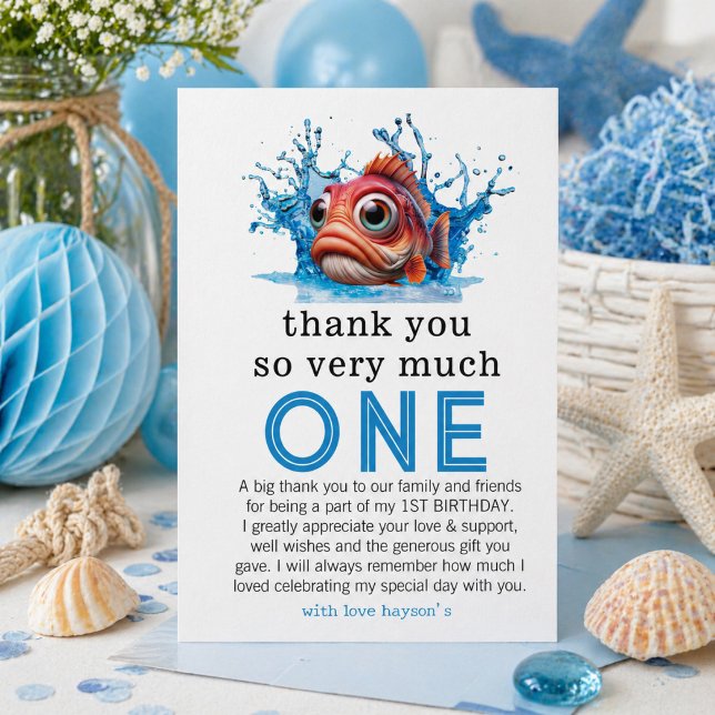 cartão de agradecimento de 1º aniversário de peixe (water blue fish 1st birthday thank you card! card)