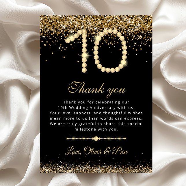 Cartão de Agradecimento de 10º Aniversário da Gold (Gold Diamond 10th Anniversary wedding Thank you card)