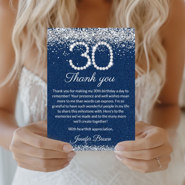 Cartão de Agradecimento de 30º Aniversário Glam De (diamonds and Denim 30th birthday thank you Card)