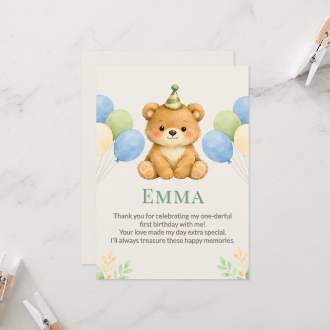 Cartão de Agradecimento de Aniversário do Ursinho  (Frente/Verso In Situ)