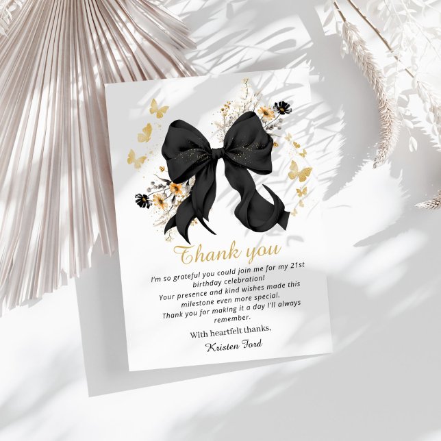 Cartão de Agradecimento de Aniversário Laço Preto  (Elegant Black Coquette bow wildflowers thank you card)