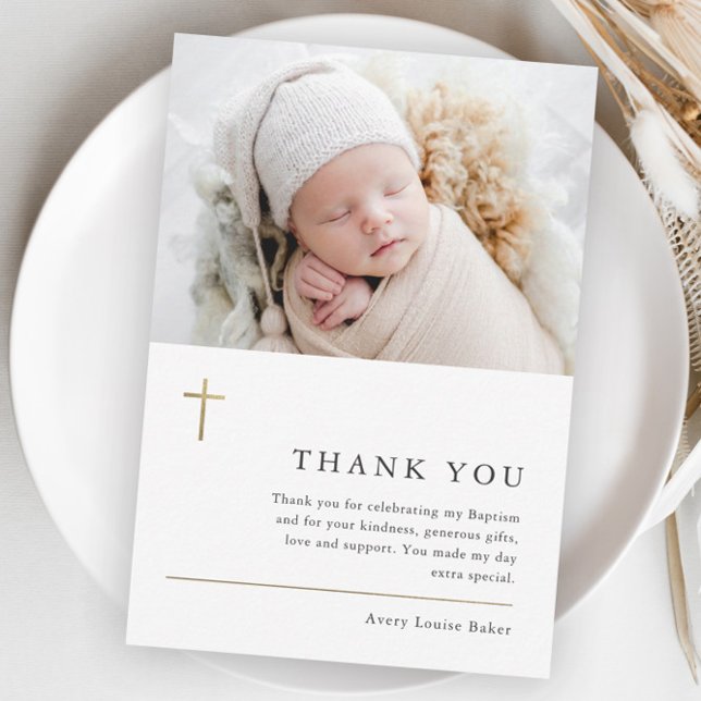 Cartão de agradecimento de batismo com foto minima (Modern gold cross baby photo budget baptism thank you.)
