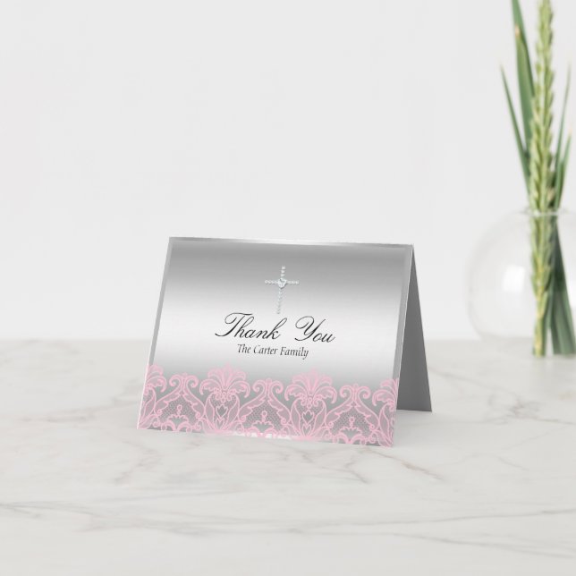 Cartão de Agradecimento de Batismo com Renda Rosa  (Frente)
