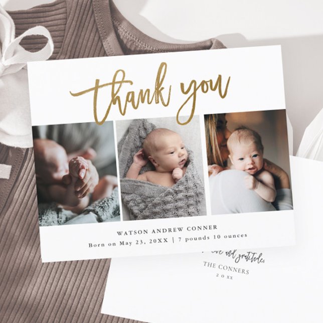 Cartão de Agradecimento de Bebê com 3 Fotos em Scr (Modern gold script 3 photo baby birth announcement thank you card.)