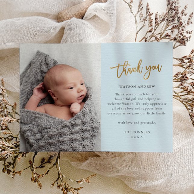 Cartão de Agradecimento de Bebê Menino com Foto e  (Light blue boys photo baby thank you card.)