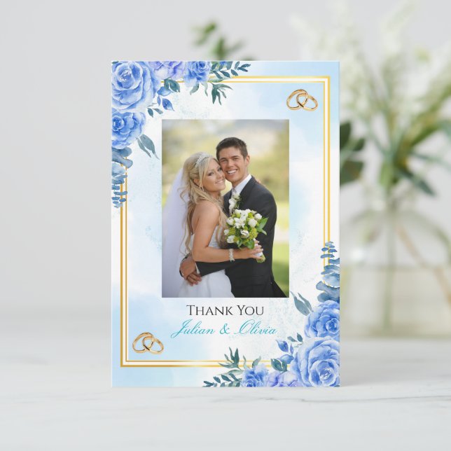Cartão de Agradecimento de Casamento Azul Real e D (Em pé/Frente)