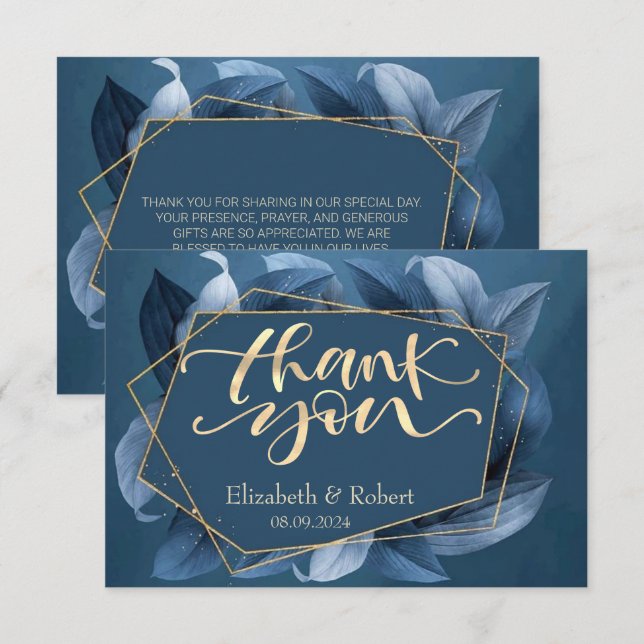 Cartão de Agradecimento de Casamento Blue Leaves G (Frente/Verso)