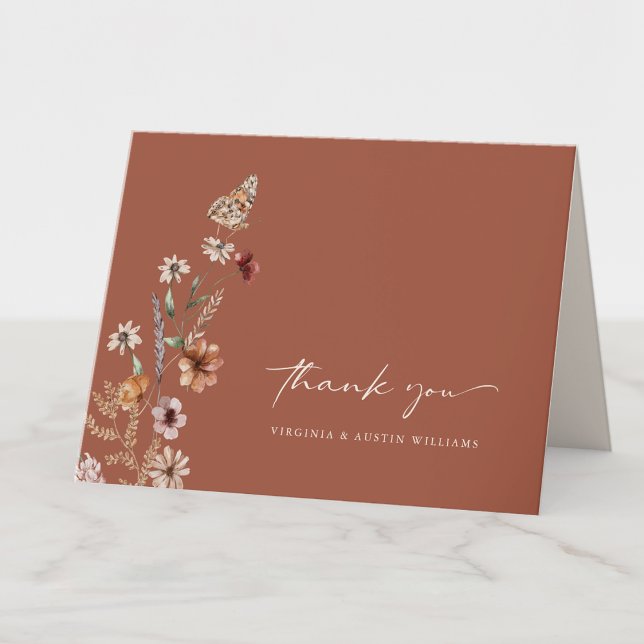 Cartão de Agradecimento de Casamento Boho Terracot (Boho Terracotta Wildflower  Wedding Thank You Card with Butterfly by Painted Paperie
)