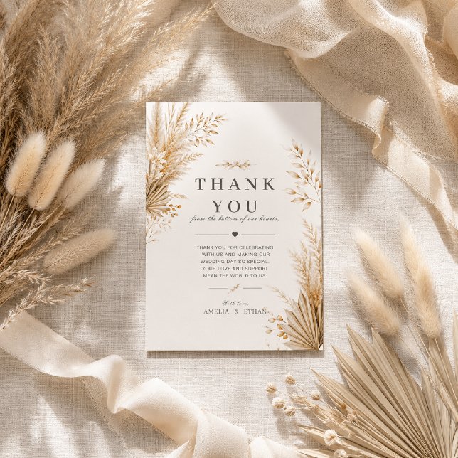 Cartão de Agradecimento de Casamento Botânico Pamp (Elegant Neutral Pampas Thank You Card with soft boho botanical charm.)