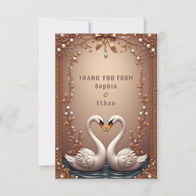 Cartão de Agradecimento de Casamento Cisne em Rose (Frente)