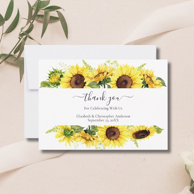 Cartão de agradecimento de casamento com caligrafi (Sunflowers Country Rustic Wedding thank you cards,)
