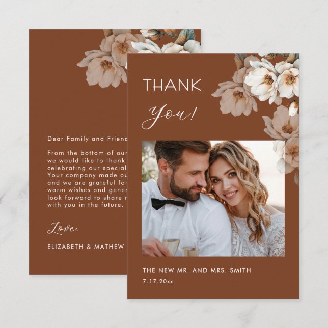 Cartão de Agradecimento de Casamento com Flores de (Frente/Verso)