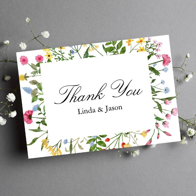 Cartão de Agradecimento de Casamento com Flores Si (Modern colorful wildflowers thank you card shares heartfelt gratitude with a cheerful touch)