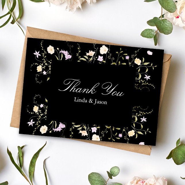 Cartão de Agradecimento de Casamento com Flores Si (Black and white wildflowers thank you card shares heartfelt gratitude with elegant floral charm.)