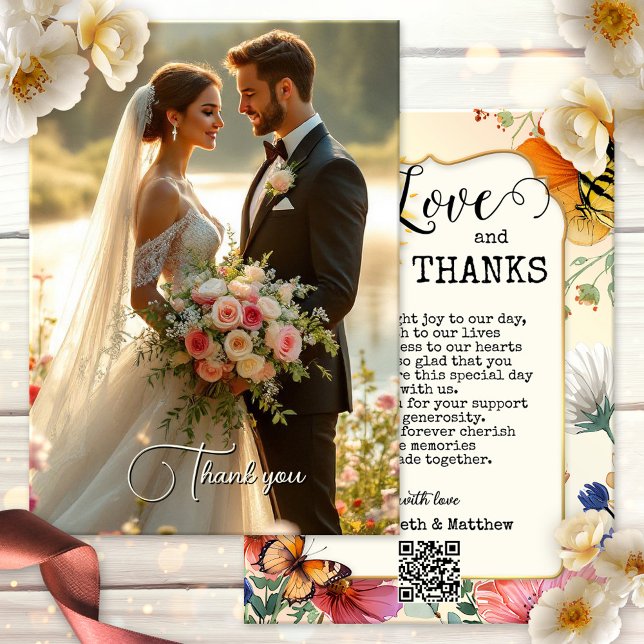 Cartão de Agradecimento de Casamento com Foto de F (Wedding photo Thank You card with a whimsical watercolor wildflower design with butterflies and sun)
