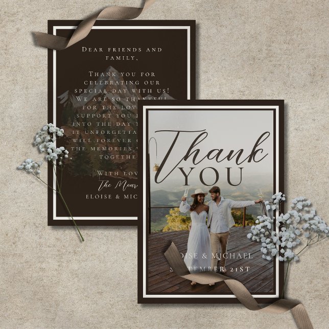 Cartão de Agradecimento de Casamento com Foto e No (Rustic Watercolor Mountain Photo and Note Wedding Thank You Card)