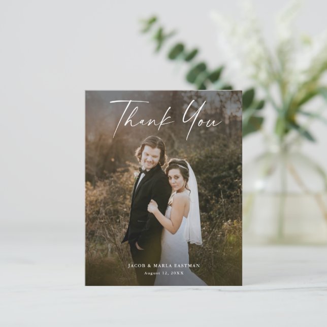Cartão de Agradecimento de Casamento com Foto e Ro (Em pé/Frente)
