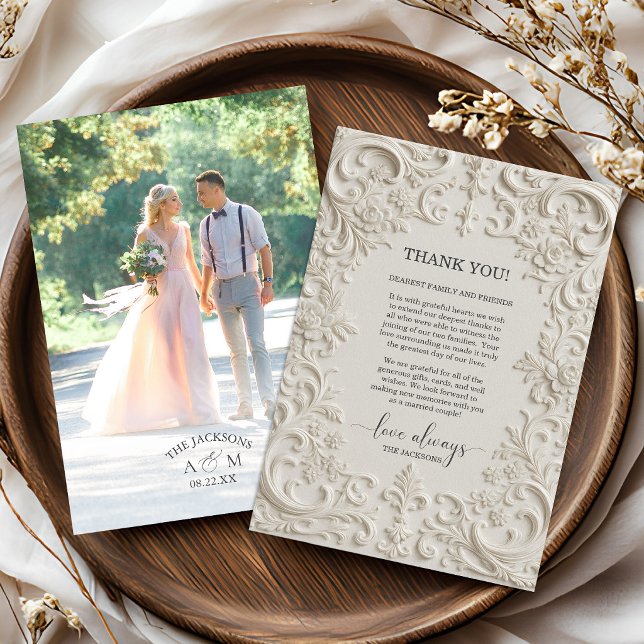Cartão de Agradecimento de Casamento com Foto em R (Photo Baroque Embossed Wedding Thank You Card)